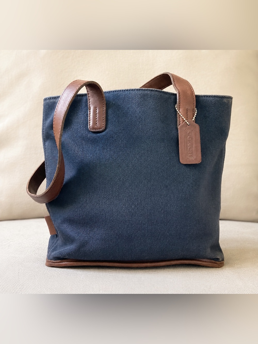 Vintage Coach Greenwich Twill Tote 6134 USA Navy Canvas Brown Leather